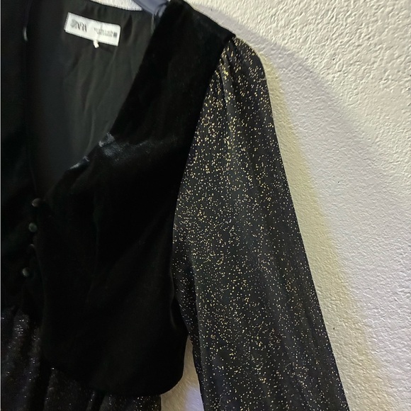 Zara Black With Gold Glitter Sheer Mini Dress With Velvet Vest In S - Picture 8 of 12